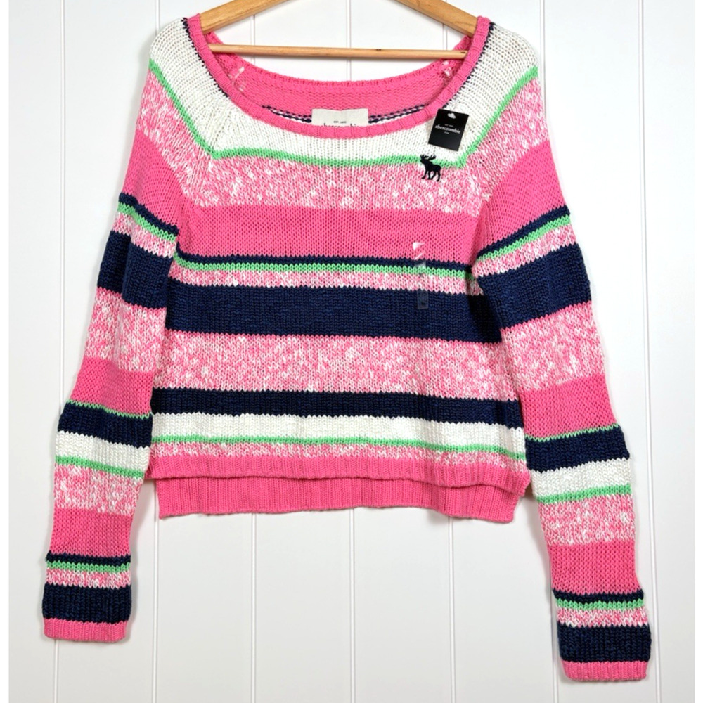 Abercrombie & Fitch Striped Knit Sweater Girls XL Lightweight Pink Blue Preppy